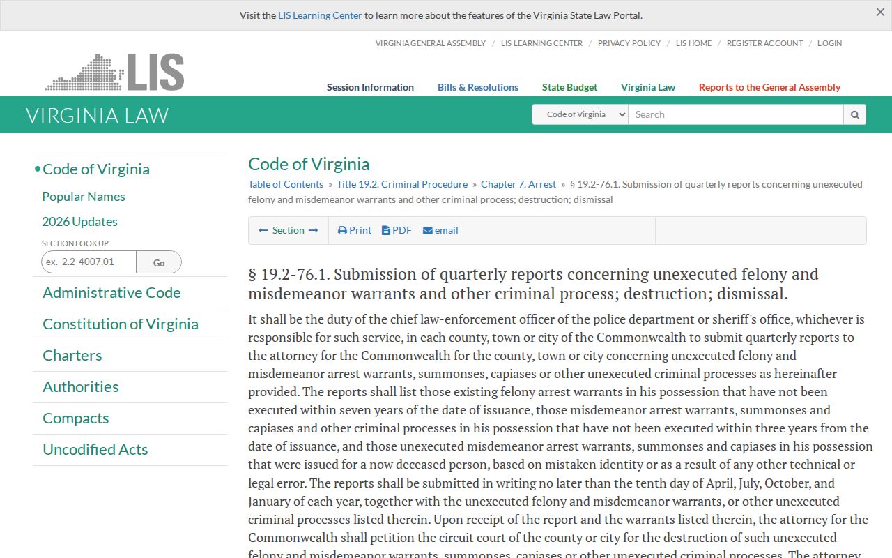 Virginia bench warrant records: Code section for review of unexecuted criminal process