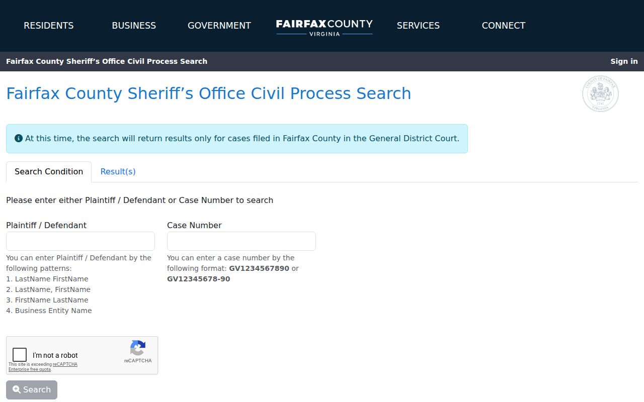Virginia active warrant search reference showing the civil-only scope notice on a local court search