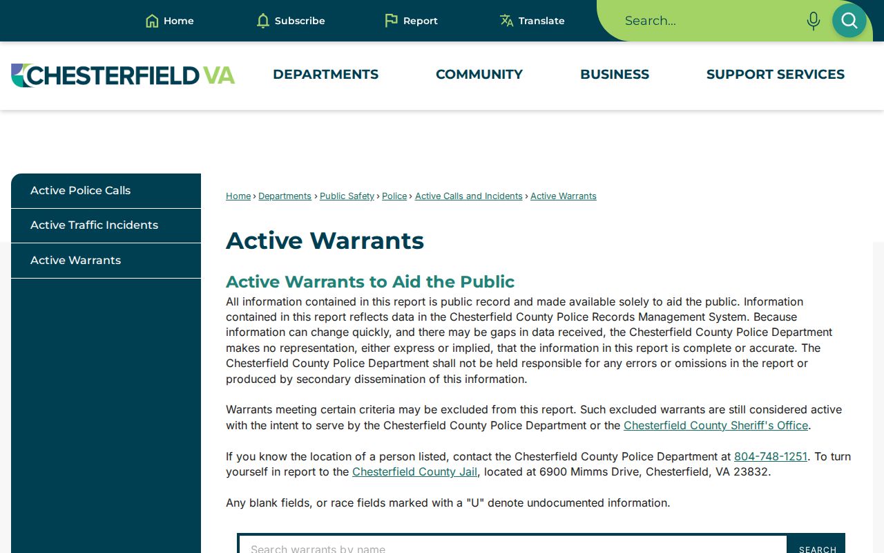 Virginia active warrant report disclaimer and search controls without person-level results