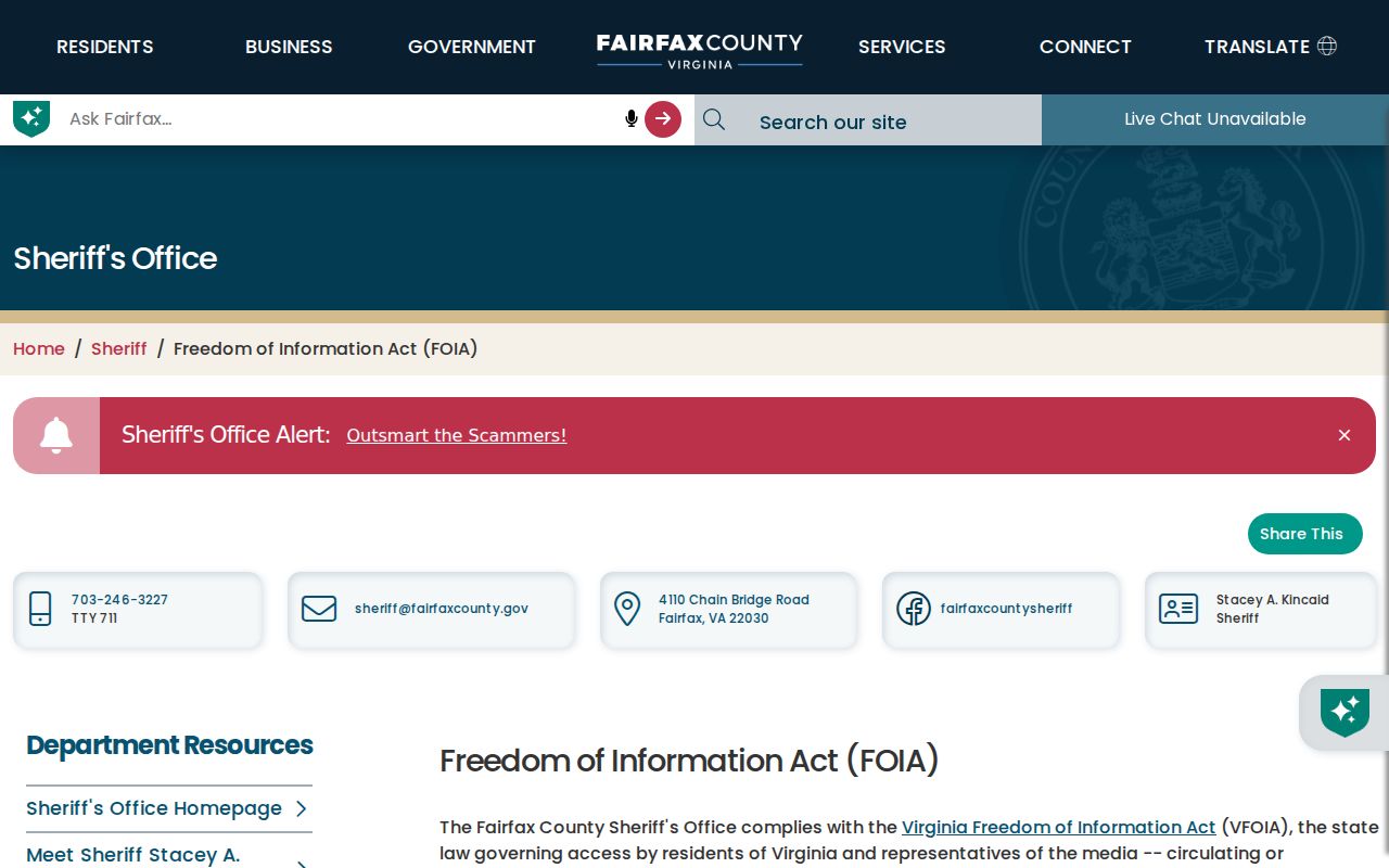 Virginia warrant records reference showing a sheriff office's email and mail FOIA request instructions