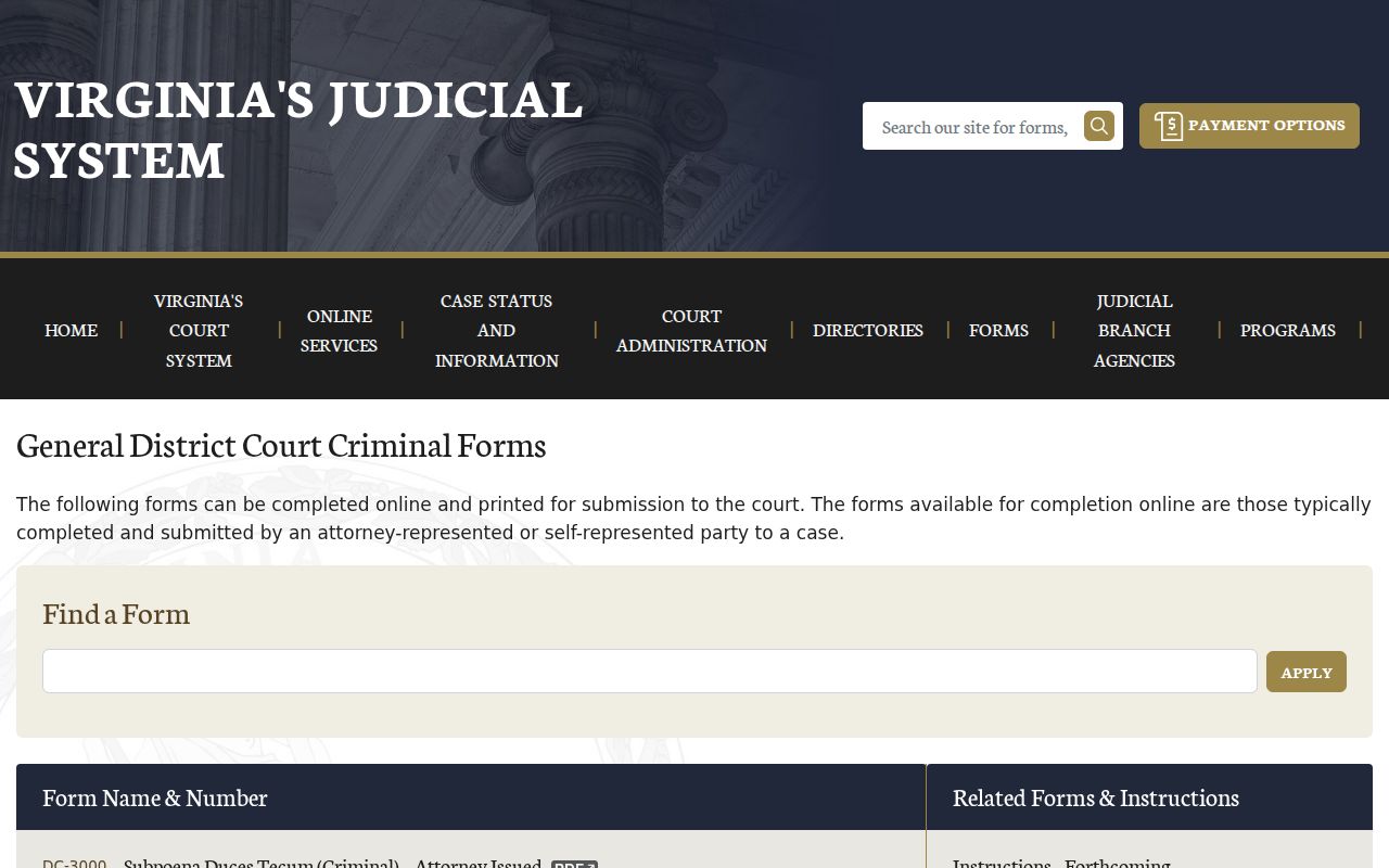 Virginia bench warrant records: official district court criminal forms listing
