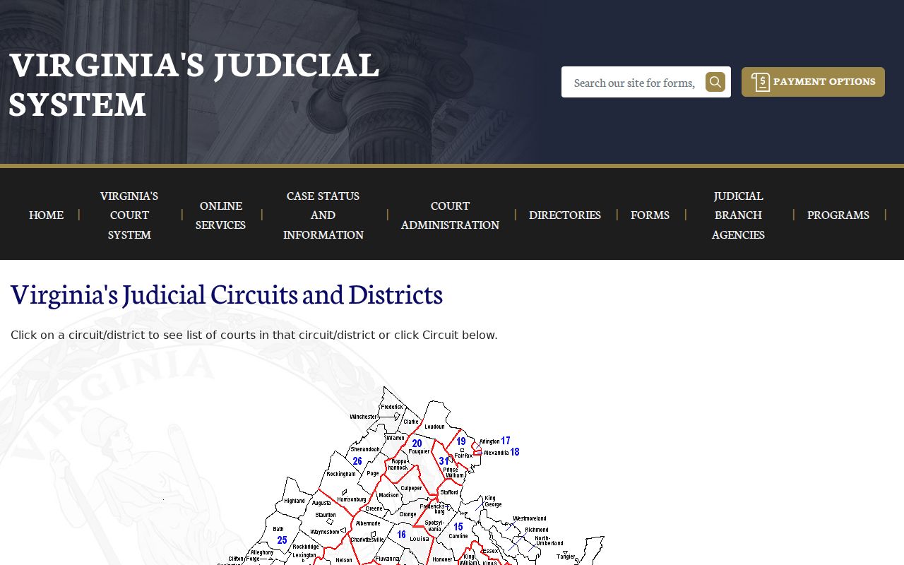 Virginia warrant records court map showing state trial-court levels and local jurisdictions