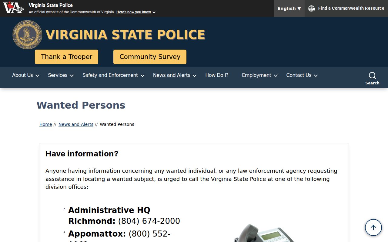 Virginia warrant program reference showing the State Police Wanted Persons heading and tip contact area