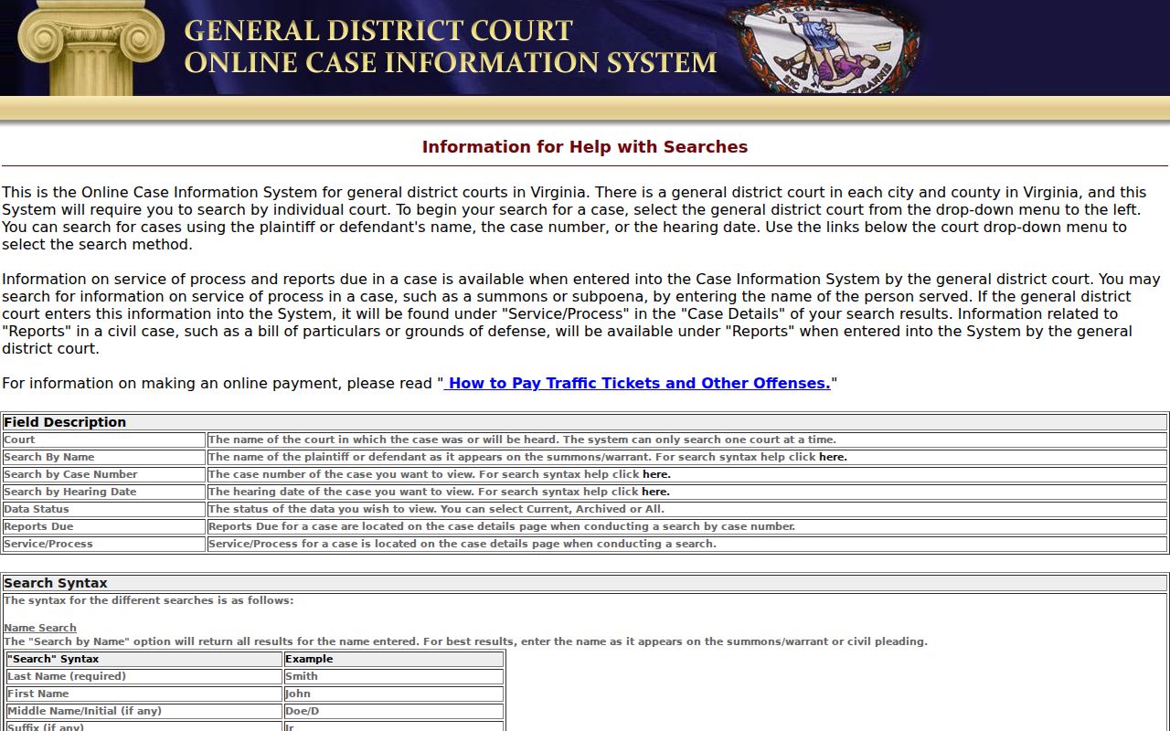 Virginia traffic warrant records context showing General District Court search controls