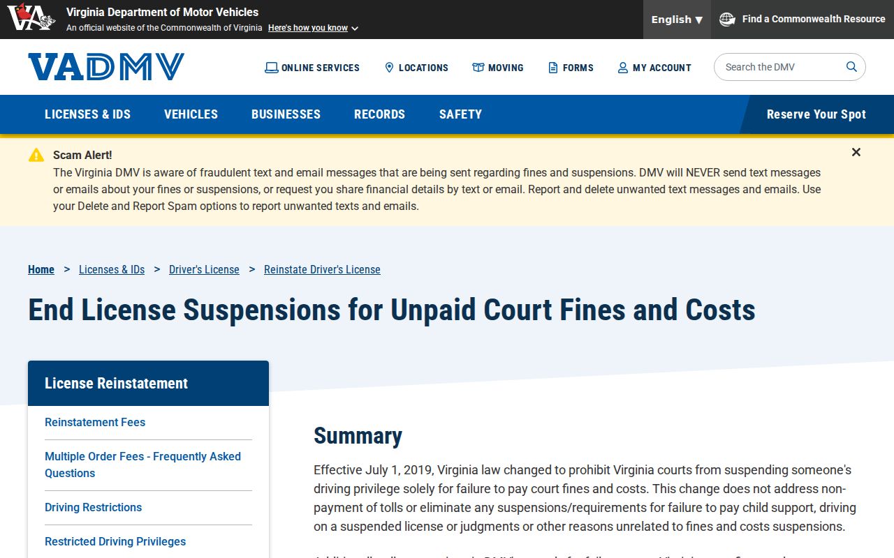 Virginia traffic warrant records context beside DMV fines and costs policy