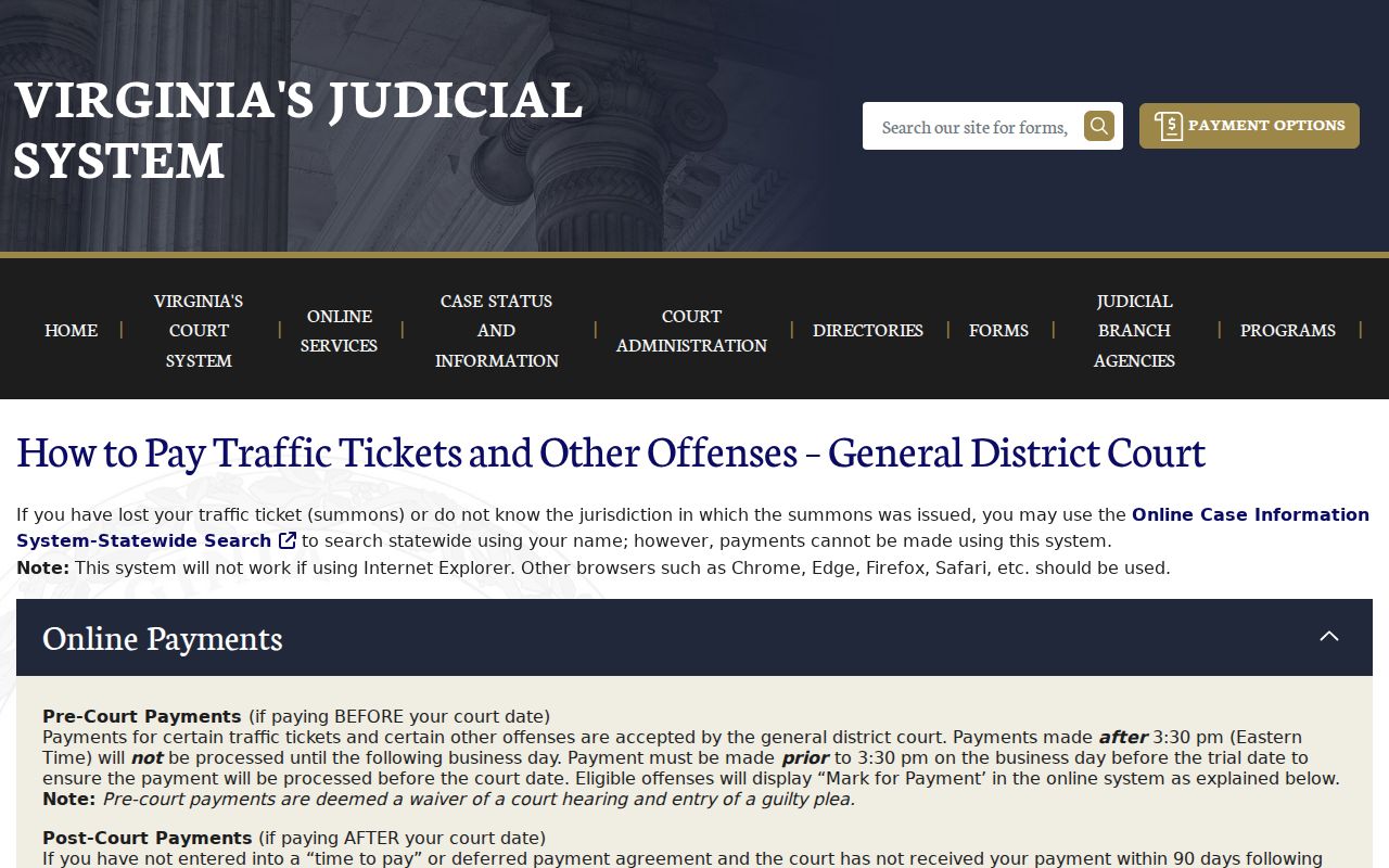 Virginia traffic warrant records context showing the official General District Court ticket guidance