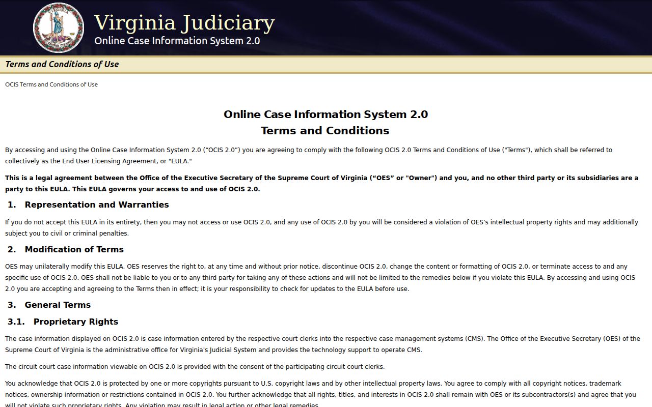 Virginia warrant search reference showing public OCIS court-search controls and disclaimer