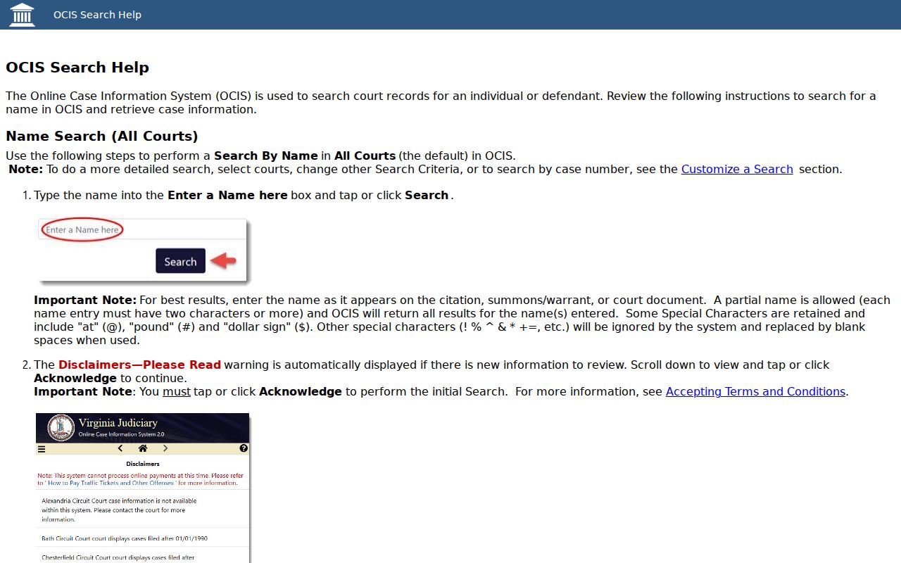Virginia warrant search reference showing OCIS name, case number, and hearing date search choices