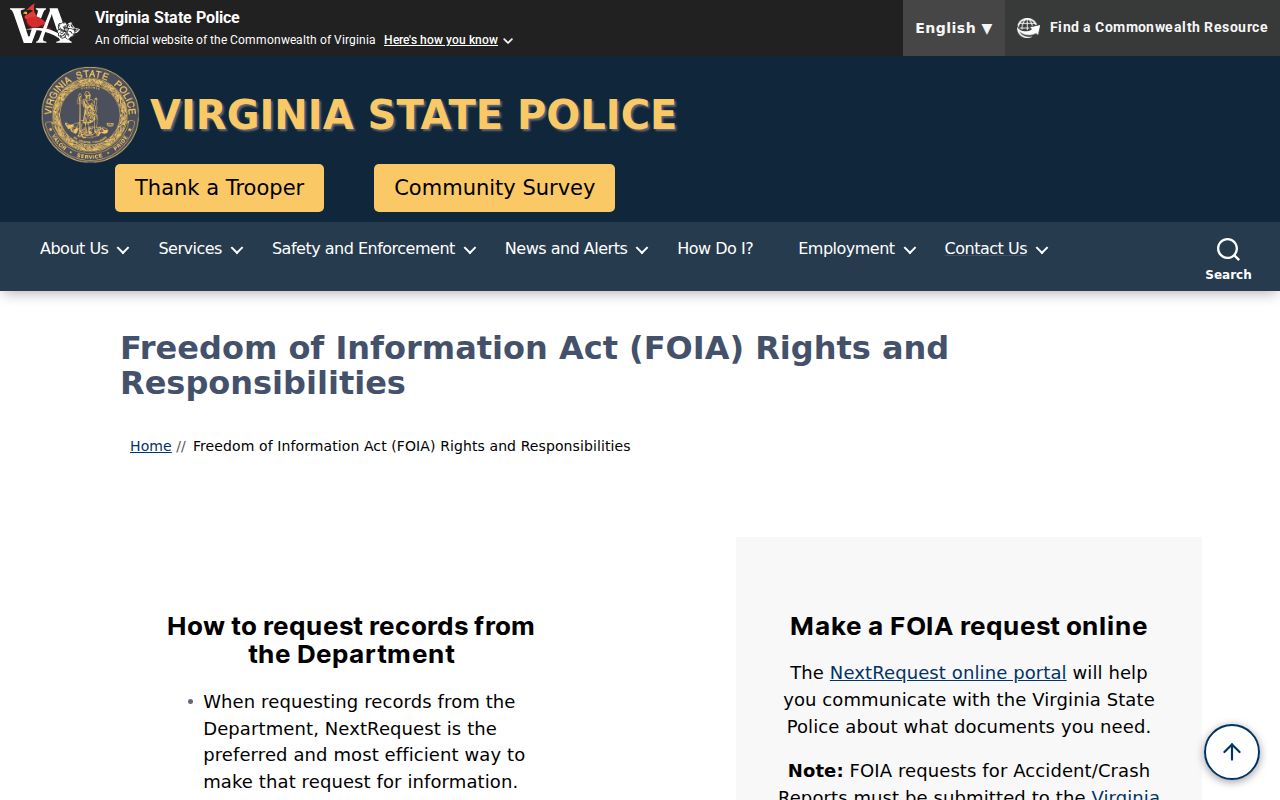 Virginia warrant records public-information request route at Virginia State Police
