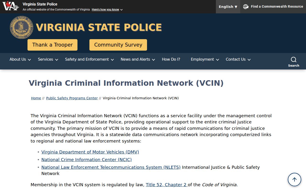 Virginia warrant system overview showing the restricted VCIN program page