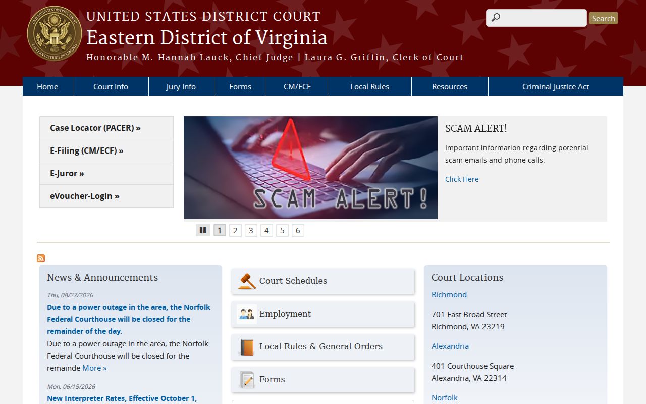 Virginia federal warrant system context showing the Eastern District court interface