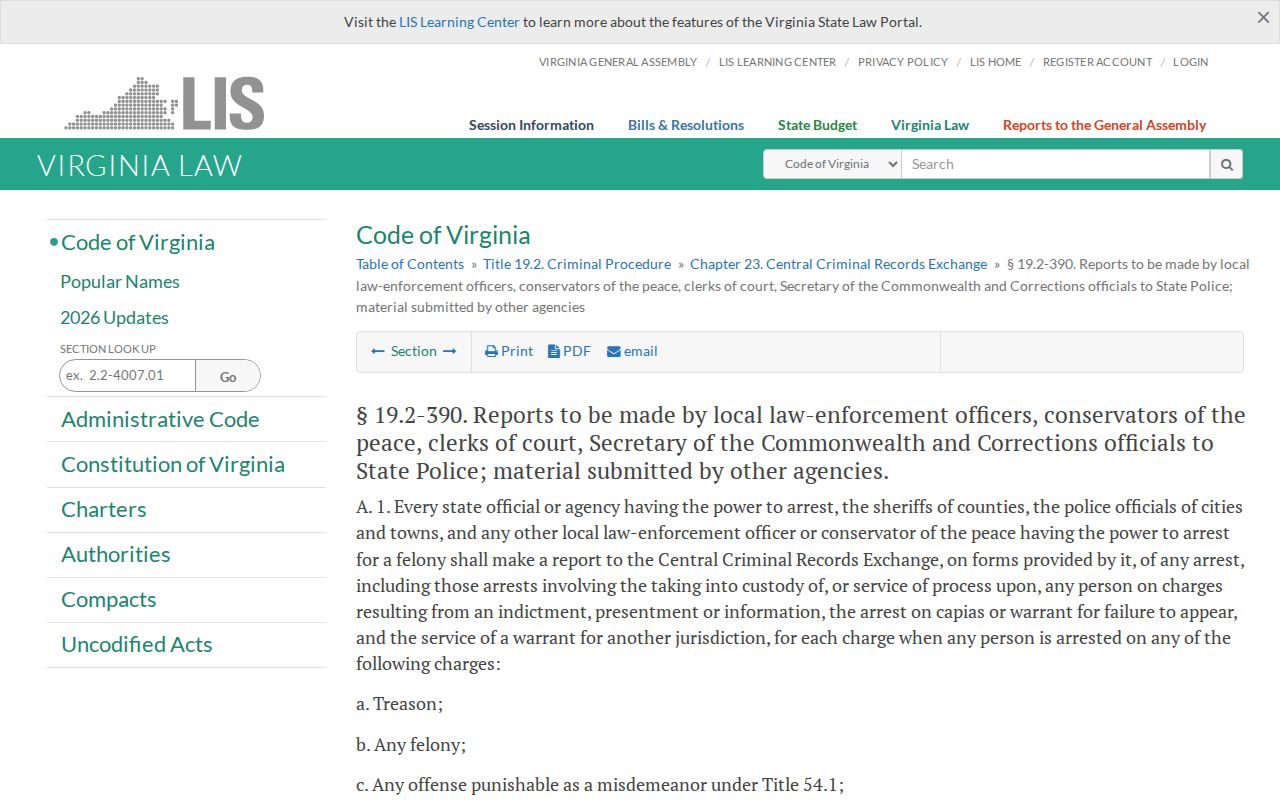 Virginia warrant system statute page for felony reporting into VCIN and NCIC